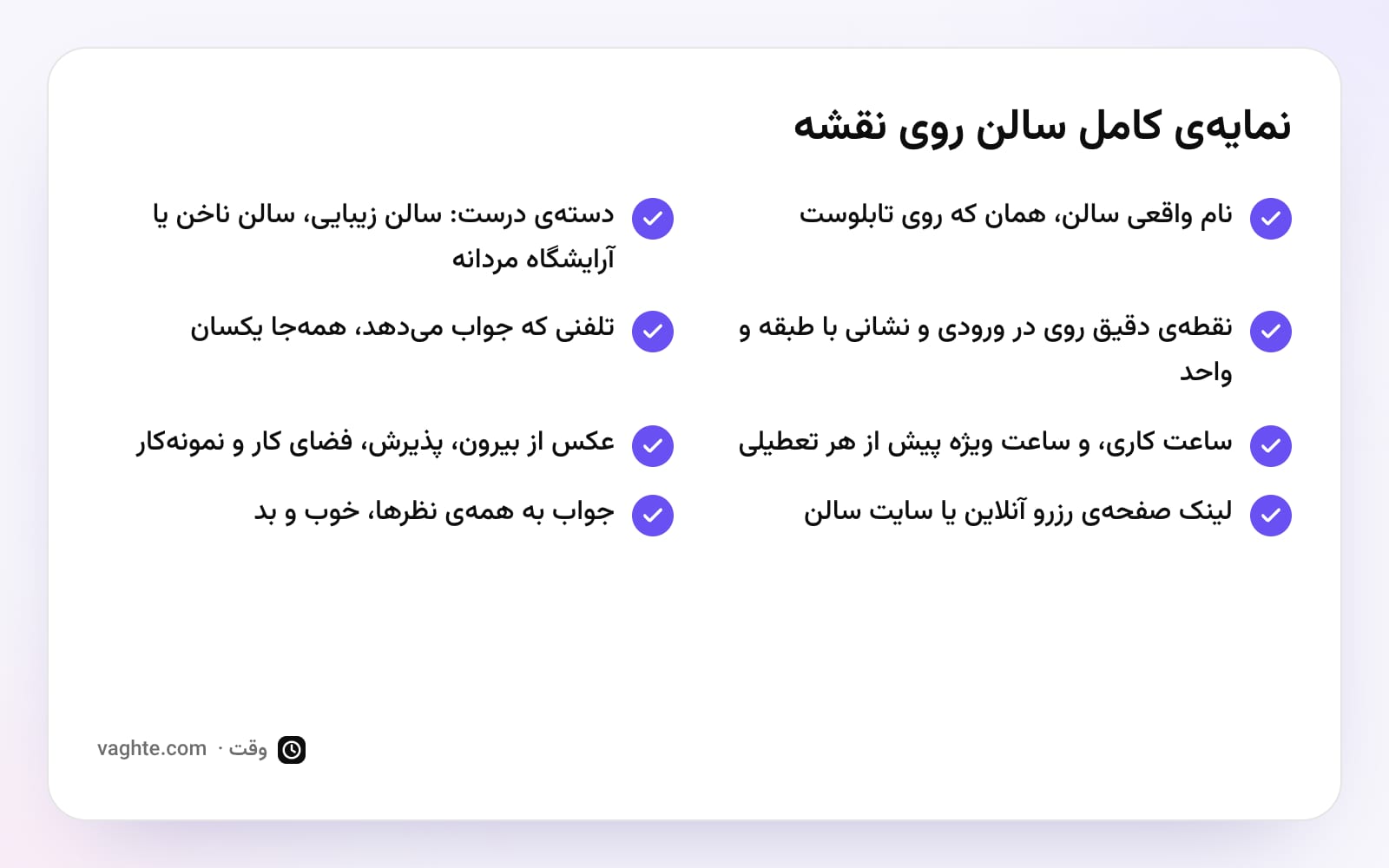 چکلیست نمایهی کامل سالن روی نقشه، از نام واقعی و دسته تا لینک رزرو و جواب به نظرها