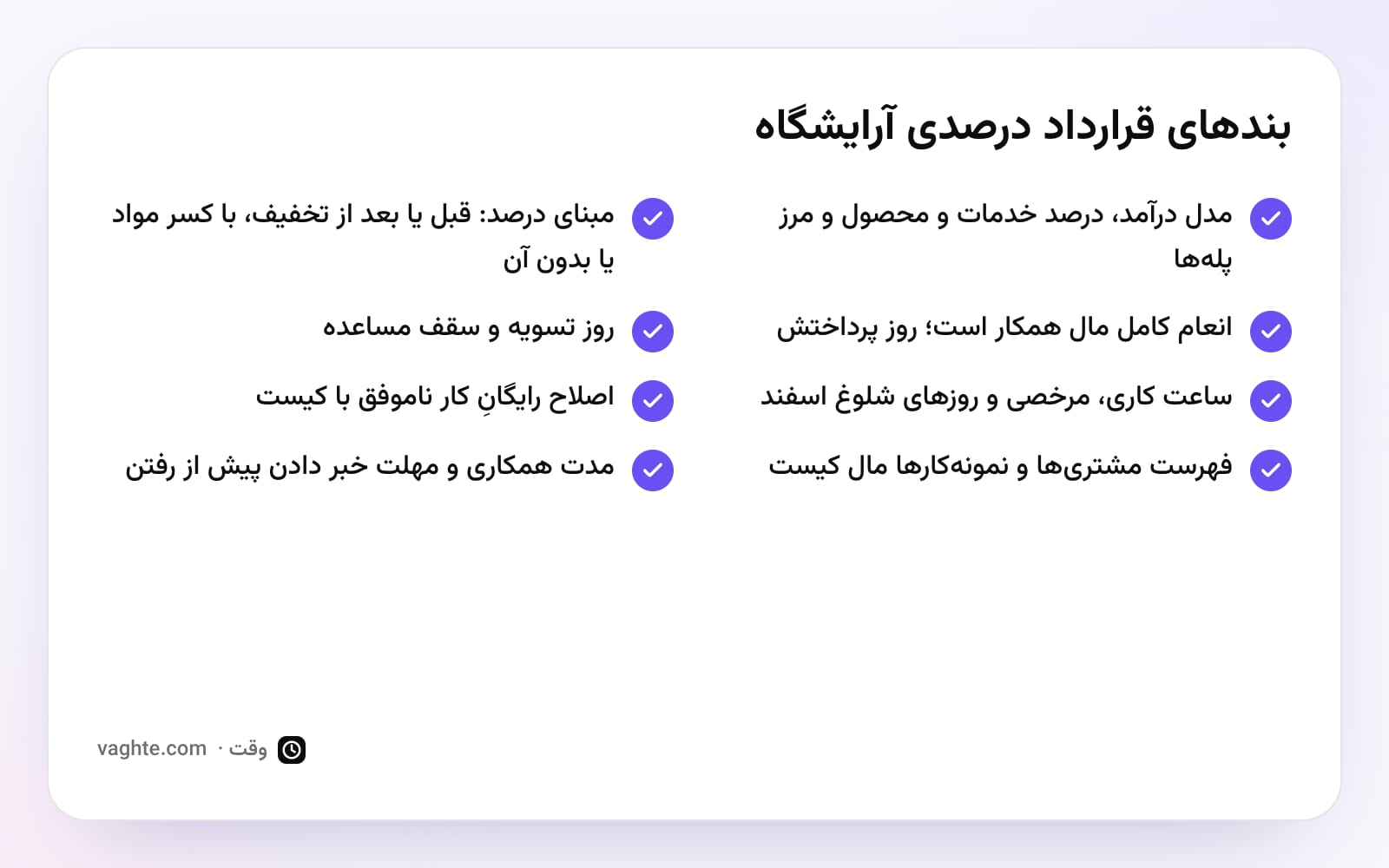 چکلیست هشت بند قرارداد درصدی آرایشگاه، از مدل درآمد تا مهلت خبر دادن پیش از رفتن