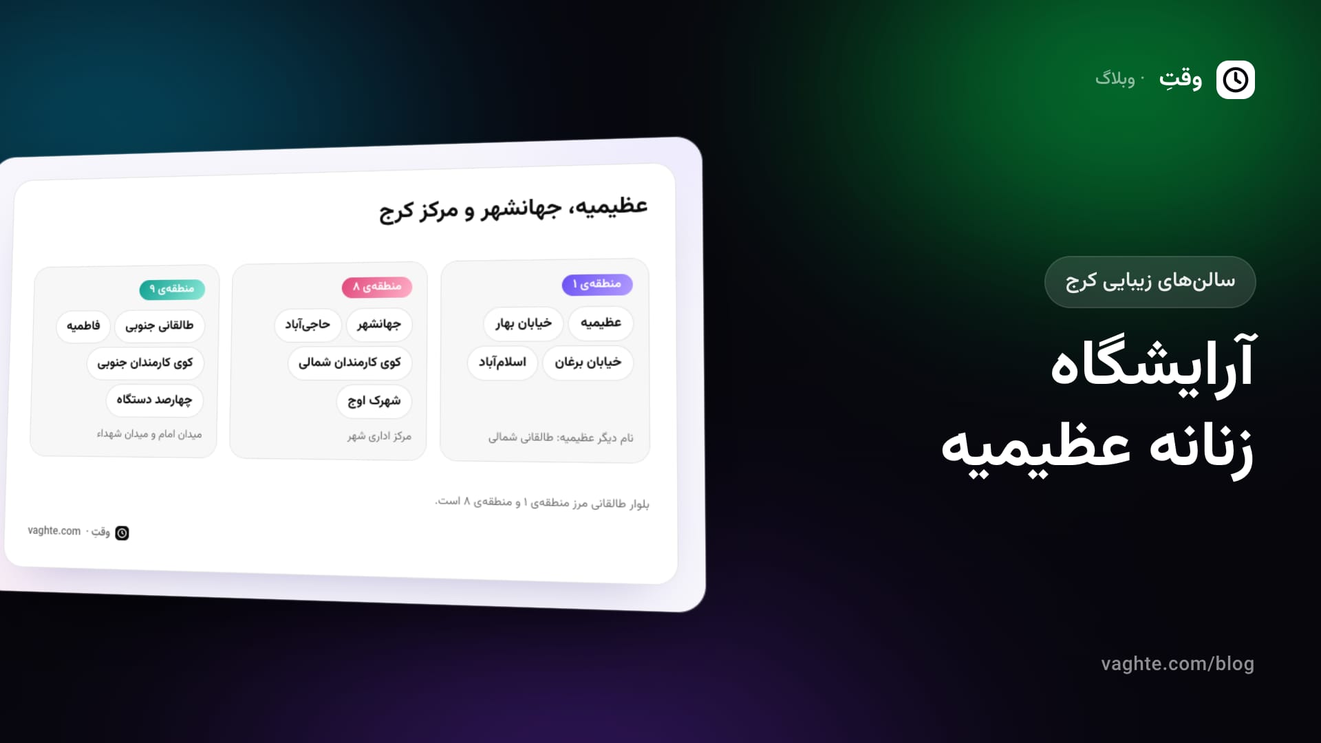 فهرست محلههای عظیمیه، جهانشهر و مرکز کرج در سه گروه از منطقههای ۱، ۸ و ۹ شهرداری