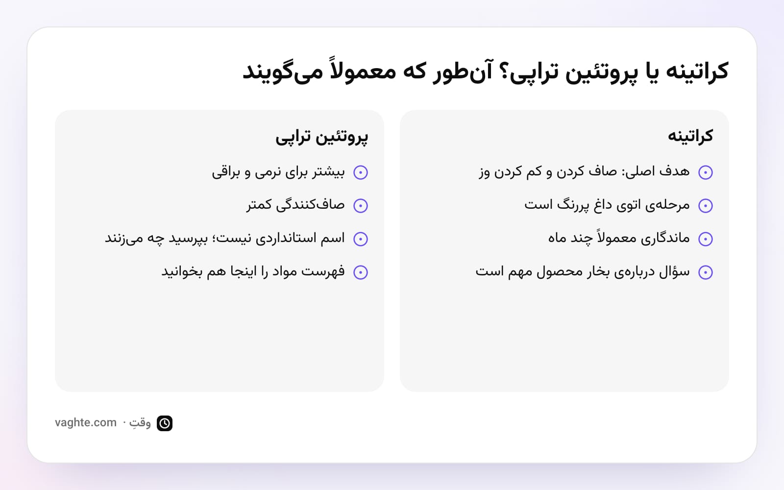 مقایسه‌ی کراتینه و پروتئین تراپی، آن‌طور که معمولاً توصیف می‌شوند: هدف، نقش اتو، ماندگاری و سؤال درباره‌ی مواد